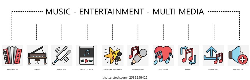 Music, multimedia, entertainment set icon, contain accordion, piano, diapason, microphone, music player, upload, repeat, volume and more. vector EPS 10. use for print, UI, UX, app and web development.