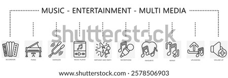 Music, multimedia, entertainment set icon, contain accordion, piano, diapason, microphone, music player, upload, repeat, volume and more. vector EPS 10. use for print, UI, UX, app and web development.