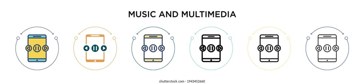 Music and multimedia icon in filled, thin line, outline and stroke style. Vector illustration of two colored and black music and multimedia vector icons designs can be used for mobile, ui, web