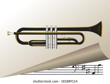 Music. Musical instrument trumpet and notes.