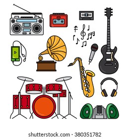 Music and musical instruments black flat line icons on white background. Images of guitar, saxophone, drums and music player. Vector illustration