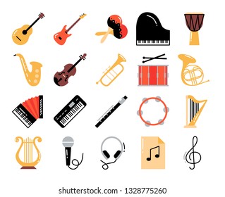 Music and musical instruments flat vector icon set. Guitar, electric guitar, maracas, piano, djembe, saxophone, violin, trumpet, drum, French horn, accordion, keys, flute, tambourine, harp, lira