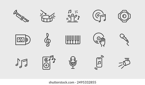 Music and musical instruments icons. Large set of music and musical instruments trendy minimal icons. Trumpet, drum icon. Design signs for web page, mobile app, packaging design. Vector illustration