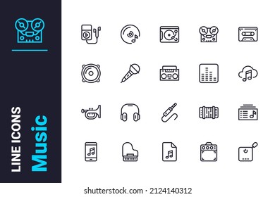 Music and musical instruments icons set vector illustration. Various tools for playing songs line icon. Orchestra and music concept