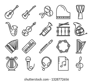 Music and musical instruments outline vector icon set. Guitar, electric guitar, maracas, piano, djembe, saxophone, violin, trumpet, drum, French horn, accordion, keys, flute, tambourine, harp, lira