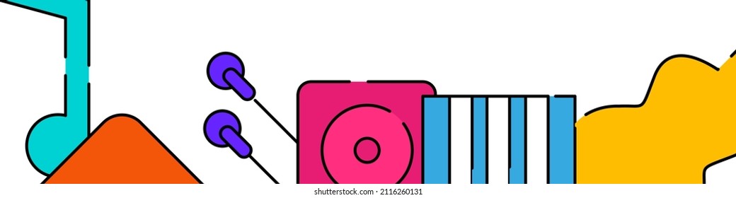 Music, musical instruments related horizontal banner or bottom border template background. Flat filled line vector illustration isolated on white.