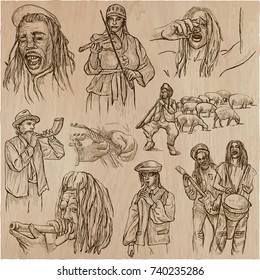 Music and MUSICIANS around the World. Collection of an hand drawn illustrations, vectors pack. Each drawing comprises of a few layers of outlines, the colored background is isolated.