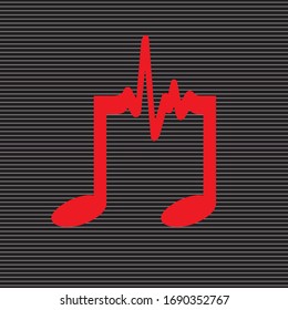 Music is my Heartbeat, Simple Vector Illustration with Tune Symbol as a Heartbeat Line. Red Melody Icon Isolated on a Striped Black Background.