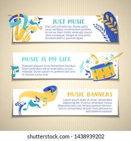 Music is my life vector hand drawn banner templates set. Musical event, jazz concert poster. Playing drum cartoon colorful illustration. Just music festival colored poster with copyspace and lettering