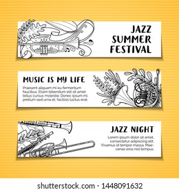 Music is my life vector hand drawn banners template set. Jazz summer festival black and white minimalist design poster layout with copyspace. Brass instruments outline illustration
