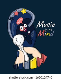 Music in my Mind slogan. A wireless earphone plays music into big ear. Vector typography lettering in cartoon style.