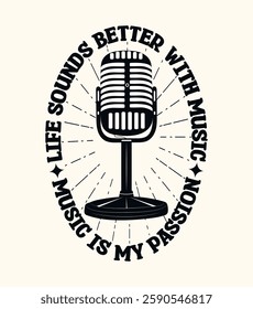 Music is my passion, vector typography music t shirt design with microphone illustrations