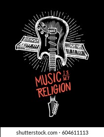 music is my religion - crossed guitar and synthesizer grunge rock music print