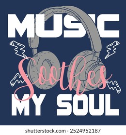 Music is my soul. Hand drawn vector illustration with retro boombox and headphones on black background. Modern lettering. Design for print, poster, banner,