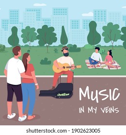 Music in my veins social media post mockup. Life hobby phrase. Web banner design template. Loved activity booster, content layout with inscription. Poster, print ads and flat illustration