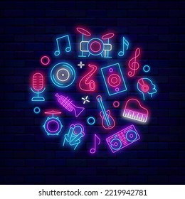 Diseño de círculo de neón musical con iconos musicales. Cartel del festival de música. Logotipo de la tienda musical. Guitarra, piano y notas. Tarjeta de saludo brillante. Publicidad ligera. Ilustración de material vectorial