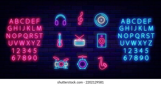 Music neon icons collection. Luminous pink and blue alphabet. Drum kit, saxophone and guitar. Drum school logotype. Musical store emblem. Night club logo. Shiny glowing symbol. Vector illustration