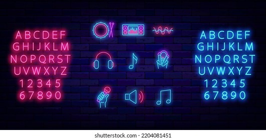 Music neon icons collection. Luminous pink and blue alphabet. Drum kit, headphones and dj mixer. Musical store emblem. Night club logo. Shiny glowing symbol. Vector illustration