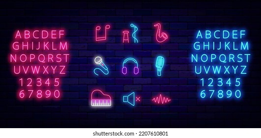 Music neon icons collection. Luminous pink and blue alphabet. Stand up symbol. Piano, microphone and volume item. Musical school or store logotype. Night club badge. Vector stock illustration