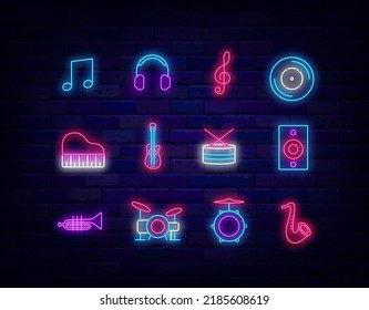 Music neon icons collection. Notes, headphones and musical instruments. Drum kit. Music store emblem. Night club badge. Light signboards set. Outer glowing effect signs. Vector illustration