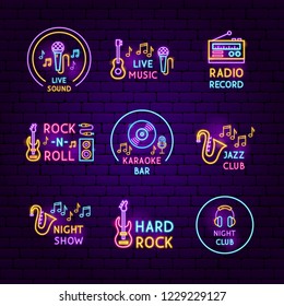Music Neon Label Set. Vector Illustration of Sound Promotion.