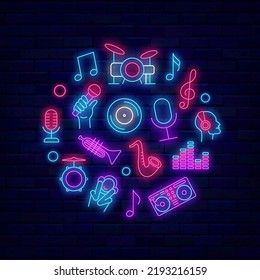 Music neon layout with icons. Festival and night club banner. Glowing greeting card. Party signboard with disk, drum and microphone. Light advertising. Vector stock illustration