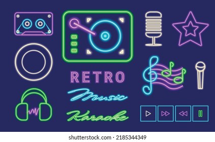 Music neon set. Neon elements with lettering. Retro karaoke collection in blue, purple, white and yellow colors. Vector for bar and club