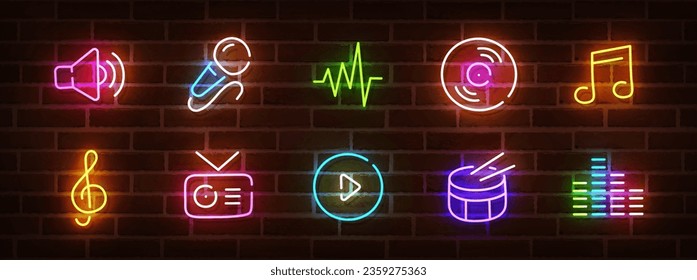 Music neon sign, bright signboard, light banner. Music logo neon, emblem. Vector illustration