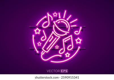 Music neon sign, live music in a bar, sing karaoke on stage. Vector illustration 