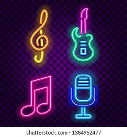 Music neon signs on dark background vector set