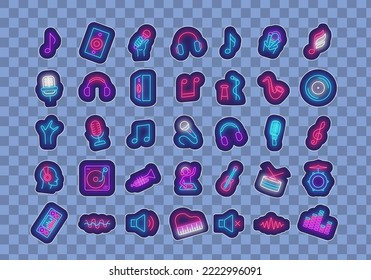 Music neon stickers bundle. Microphone, headphone and notes. Drum kit, waves and equalizer. Guitar and piano. Light advertising. Vector stock illustration