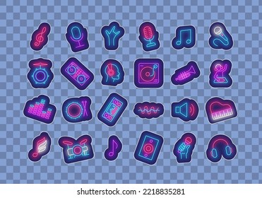 Music neon stickers collection. Microphone, headphone and dj console. Column, notes and equalizer. Drum and piano. Light advertising. Vector stock illustration