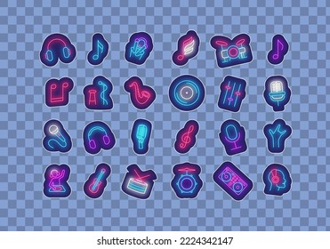 Music neon stickers collection. Microphone, volume and drum. Disk, saxophone and headphones. Guitar, notes and dj. Light symbols set. Vector stock illustration