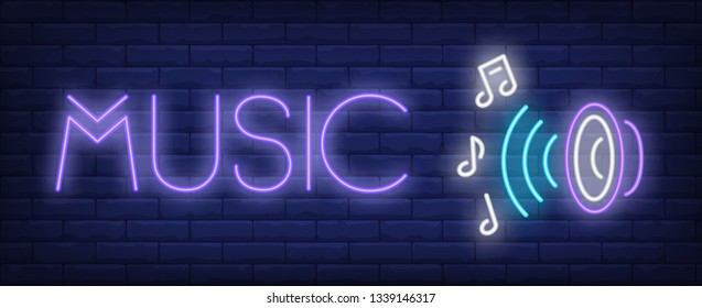 Music Neon Text With Audio Speaker And Notes. Disco, Entertainment, Advertisement Design. Night Bright Neon Sign, Colorful Billboard, Light Banner. Vector Illustration In Neon Style.