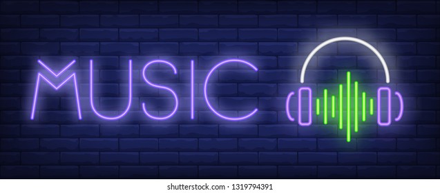 Music neon text with headphones and sound wave. Music, party and disco design. Night bright neon sign, colorful billboard, light banner. Vector illustration in neon style.