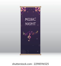 Music night abstract retro roll up banner template, geometric background design with music notes, suitable for talent show, live concert, DJ party, festival ticket, classic and acoustic event