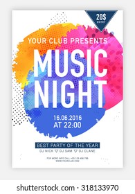 Music Night flyer, template or banner design decorated with shiny colorful splash.