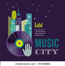 Music and night life of city, homes, building landscape infographic and background