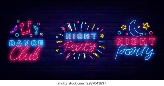 Music night neon signs collection. Performance flyer. Luminous advertising. Confetti firework. Moon, stars and musical notes. Glowing banner. Dance party. Shiny greeting cards. Vector illustration