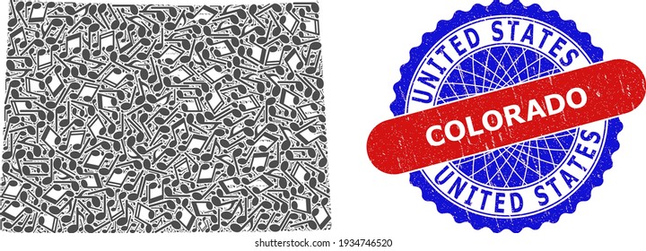 Music Notation Collage für Colorado State Map und Bicolor Textured Seal Stamp