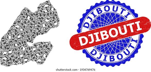 Music Notation Collage for Djibouti Map and Bicolor Grunge Seal
