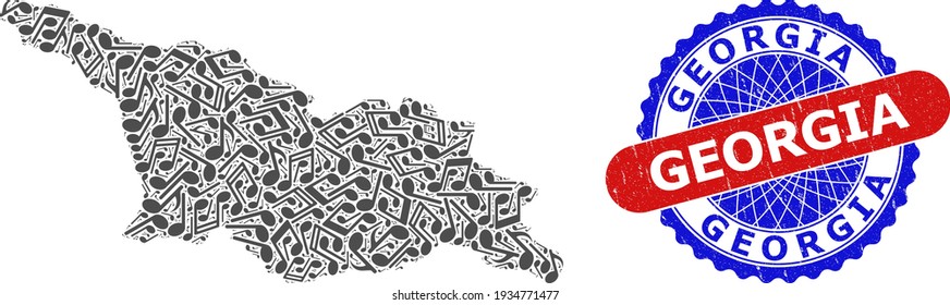 Music Notation Collage for Georgia Map and Bicolor Scratched Stamp