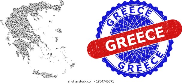 Music Notation Collage for Greece Map and Bicolor Grunge Rubber Stamp