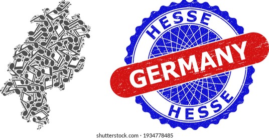 Music Notation Collage for Hesse Land Map and Bicolor Grunge Rubber Stamp