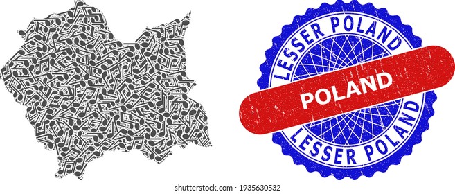 Music Notation Collage for Lesser Poland Voivodeship Map and Bicolor Grunge Seal Stamp