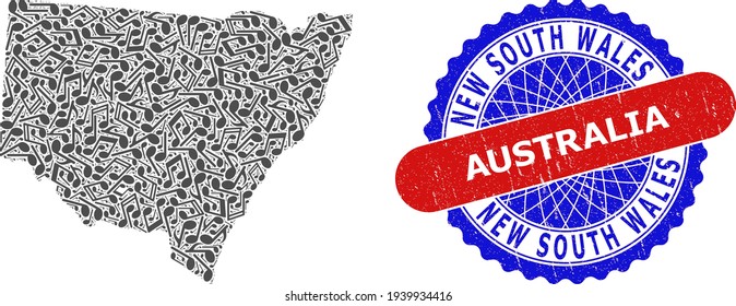 Music Notation Collage for New South Wales Map and Bicolor Grunge Seal Stamp