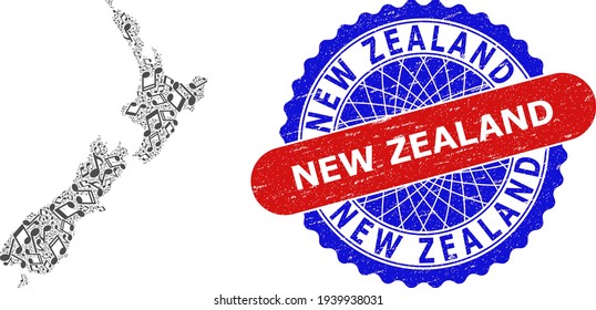 Music Notation Collage for New Zealand Map and Bicolor Distress Stamp