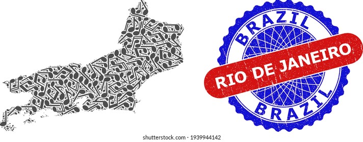 Music Notation Collage for Rio De Janeiro State Map and Bicolor Grunge Rubber Stamp