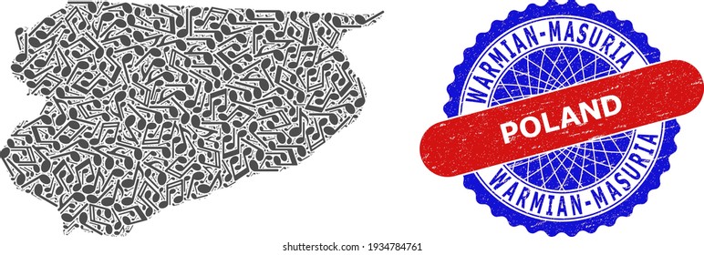 Music Notation Collage for Warmian-Masurian Voivodeship Map and Bicolor Scratched Stamp