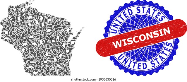 Music Notation Collage For Wisconsin State Map And Bicolor Grunge Seal